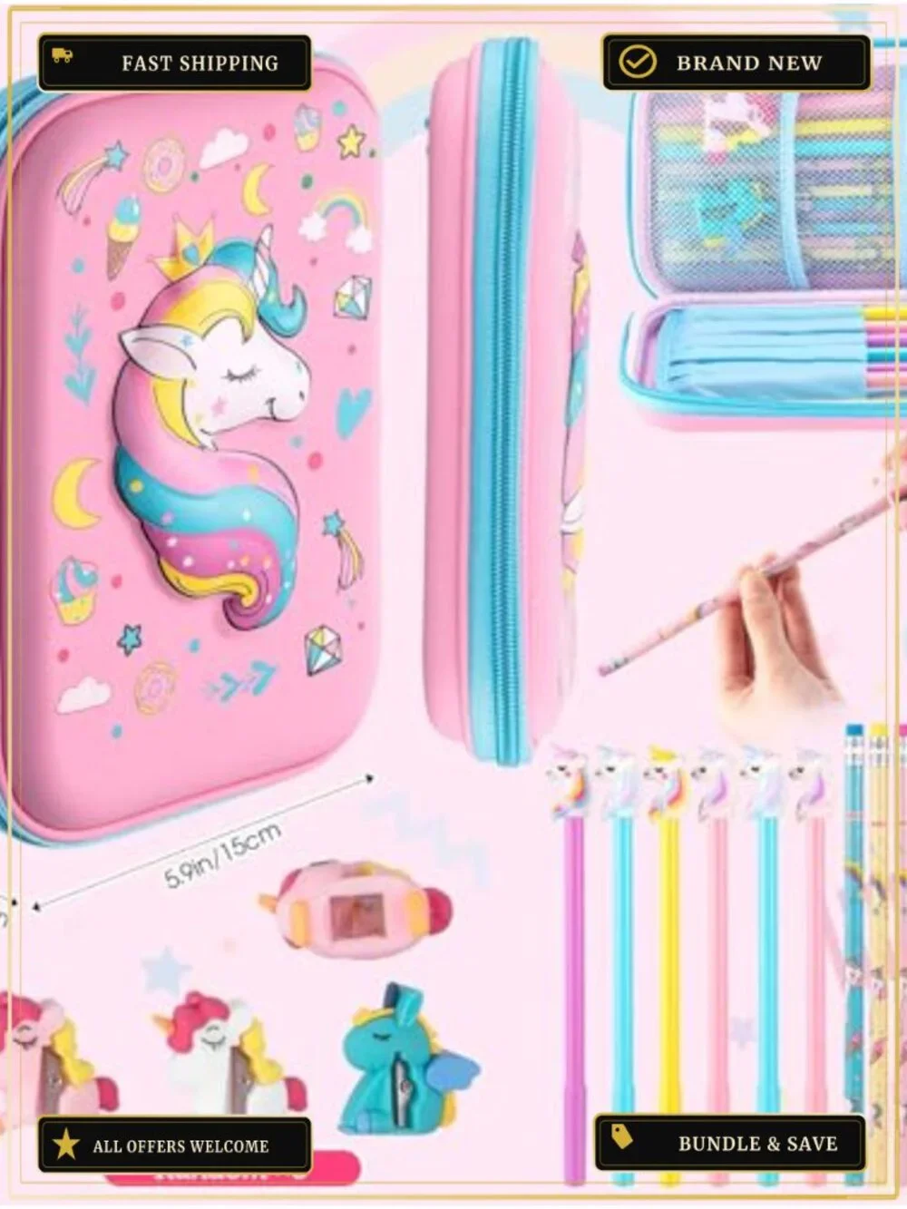 Clear Unicorn Backpack Set for Girls - PVC Stationery Kit with Lunch Bag Pencil